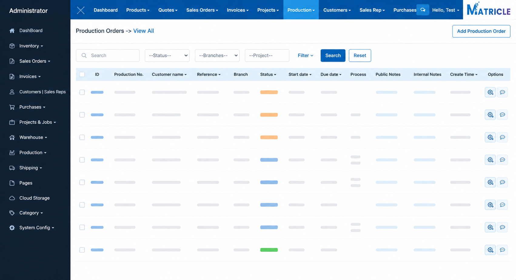 Production orders dashboard showing filters and a list of production order records