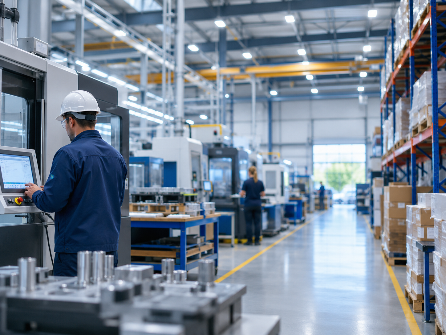Technician operating industrial machinery on a modern manufacturing floor